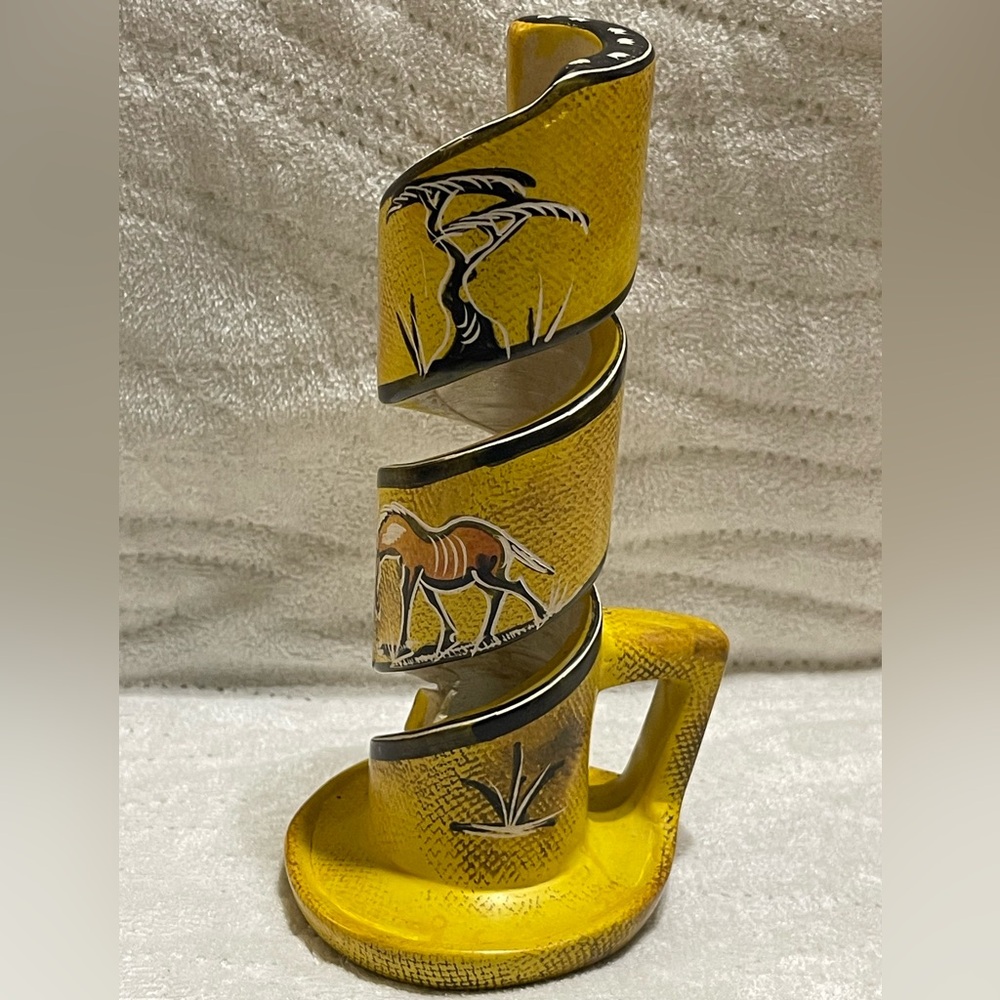 VTG African Safari Hand Crafted & Painted Ceramic Spiral Candle Holder w/ Handle